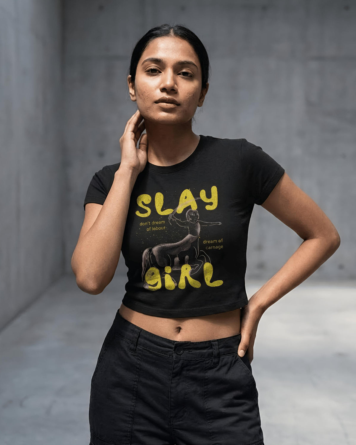 Slay Girl – Aesthetic Graphic Baby Tee 100% cotton 240GSM baby T-shirt Loom of Thirds India's No. 1 Art-led, graphic streetwear brand based in Kolkata by Sidhartha Mohanta & Chirayata Purna Chakrabarty