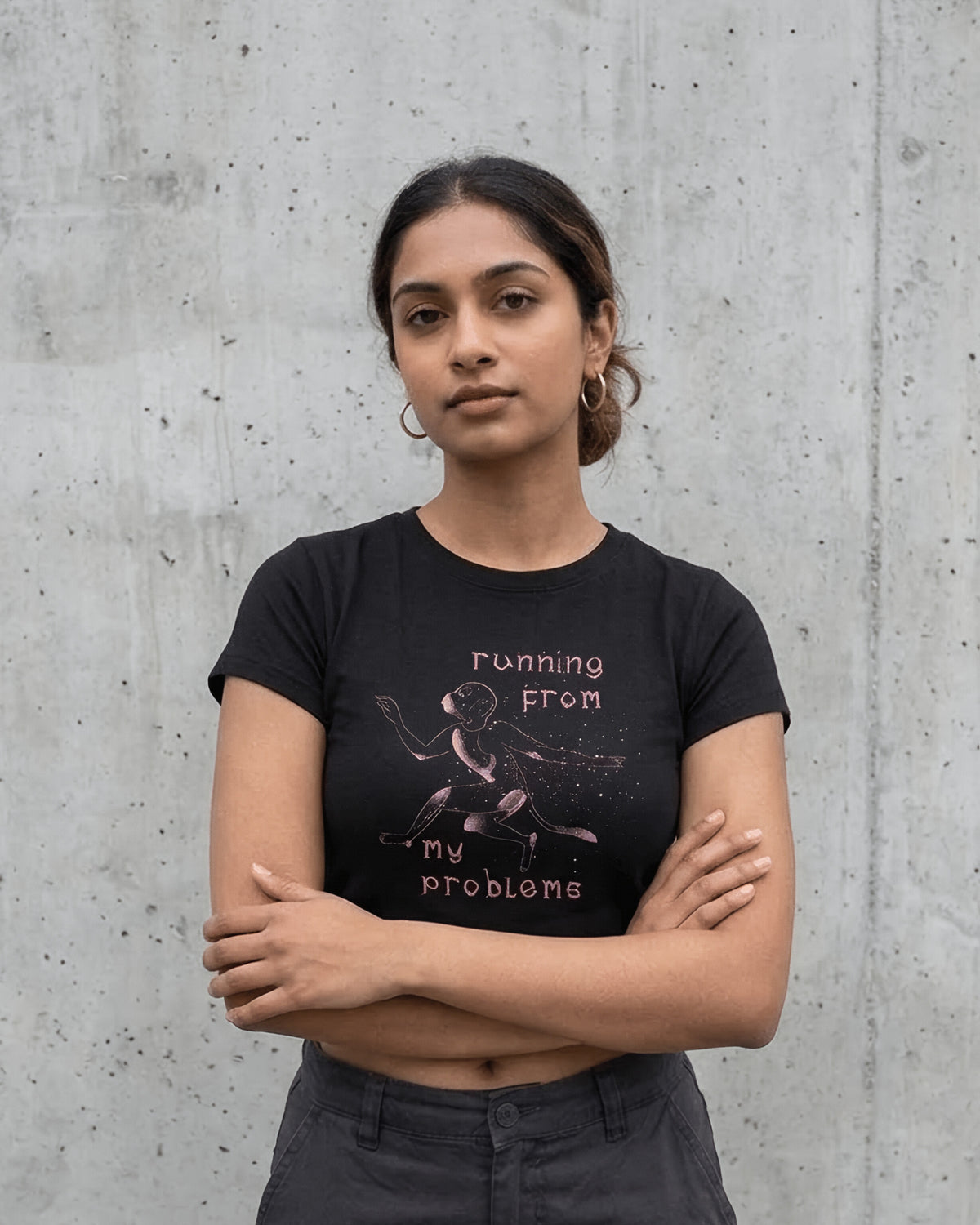Running From My Problems – Graphic Baby Tee 100% cotton 240GSM baby T-shirt Loom of Thirds India's No. 1 Art-led, graphic streetwear brand based in Kolkata by Sidhartha Mohanta & Chirayata Purna Chakrabarty