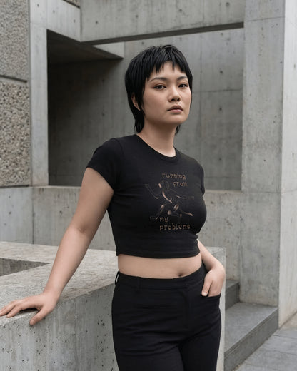 Running From My Problems – Graphic Baby Tee 100% cotton 240GSM baby T-shirt Loom of Thirds India's No. 1 Art-led, graphic streetwear brand based in Kolkata by Sidhartha Mohanta & Chirayata Purna Chakrabarty