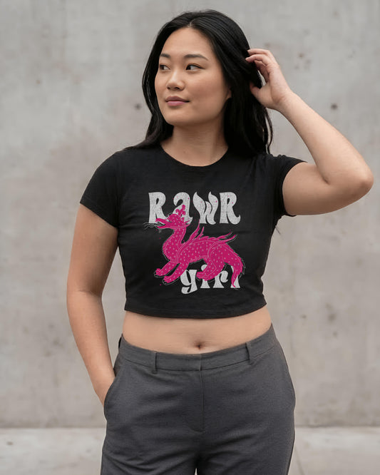 Rawr Girl – Aesthetic Graphic Baby Tee 100% cotton 240GSM baby T-shirt Loom of Thirds India's No. 1 Art-led, graphic streetwear brand based in Kolkata by Sidhartha Mohanta & Chirayata Purna Chakrabarty