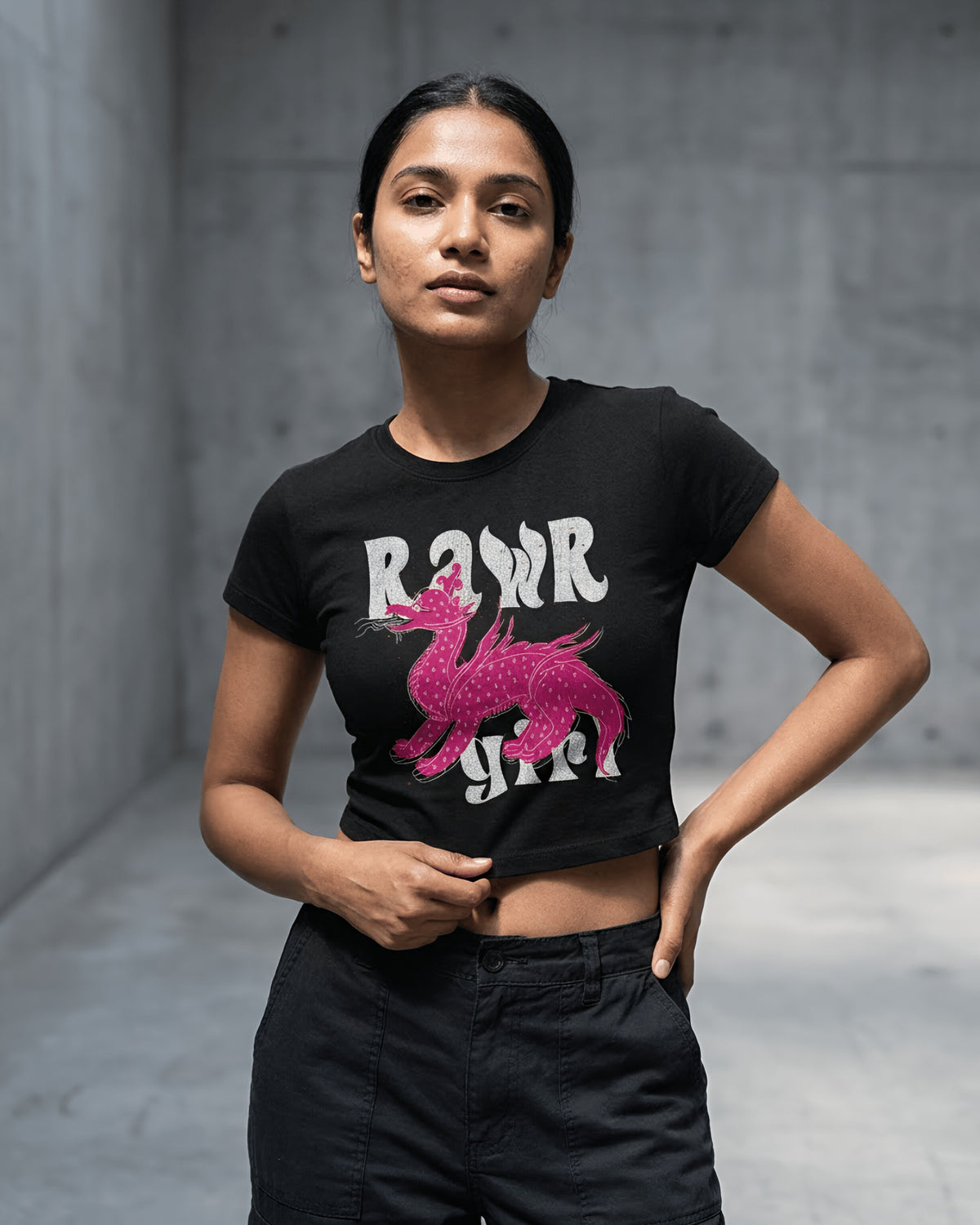 Rawr Girl – Aesthetic Graphic Baby Tee 100% cotton 240GSM baby T-shirt Loom of Thirds India's No. 1 Art-led, graphic streetwear brand based in Kolkata by Sidhartha Mohanta & Chirayata Purna Chakrabarty