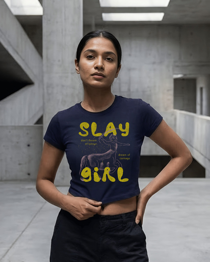 Slay Girl – Aesthetic Graphic Baby Tee 100% cotton 240GSM baby T-shirt Loom of Thirds India's No. 1 Art-led, graphic streetwear brand based in Kolkata by Sidhartha Mohanta & Chirayata Purna Chakrabarty