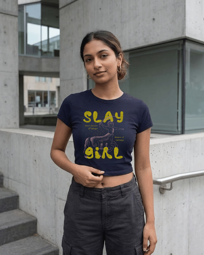 Slay Girl – Aesthetic Graphic Baby Tee 100% cotton 240GSM baby T-shirt Loom of Thirds India's No. 1 Art-led, graphic streetwear brand based in Kolkata by Sidhartha Mohanta & Chirayata Purna Chakrabarty