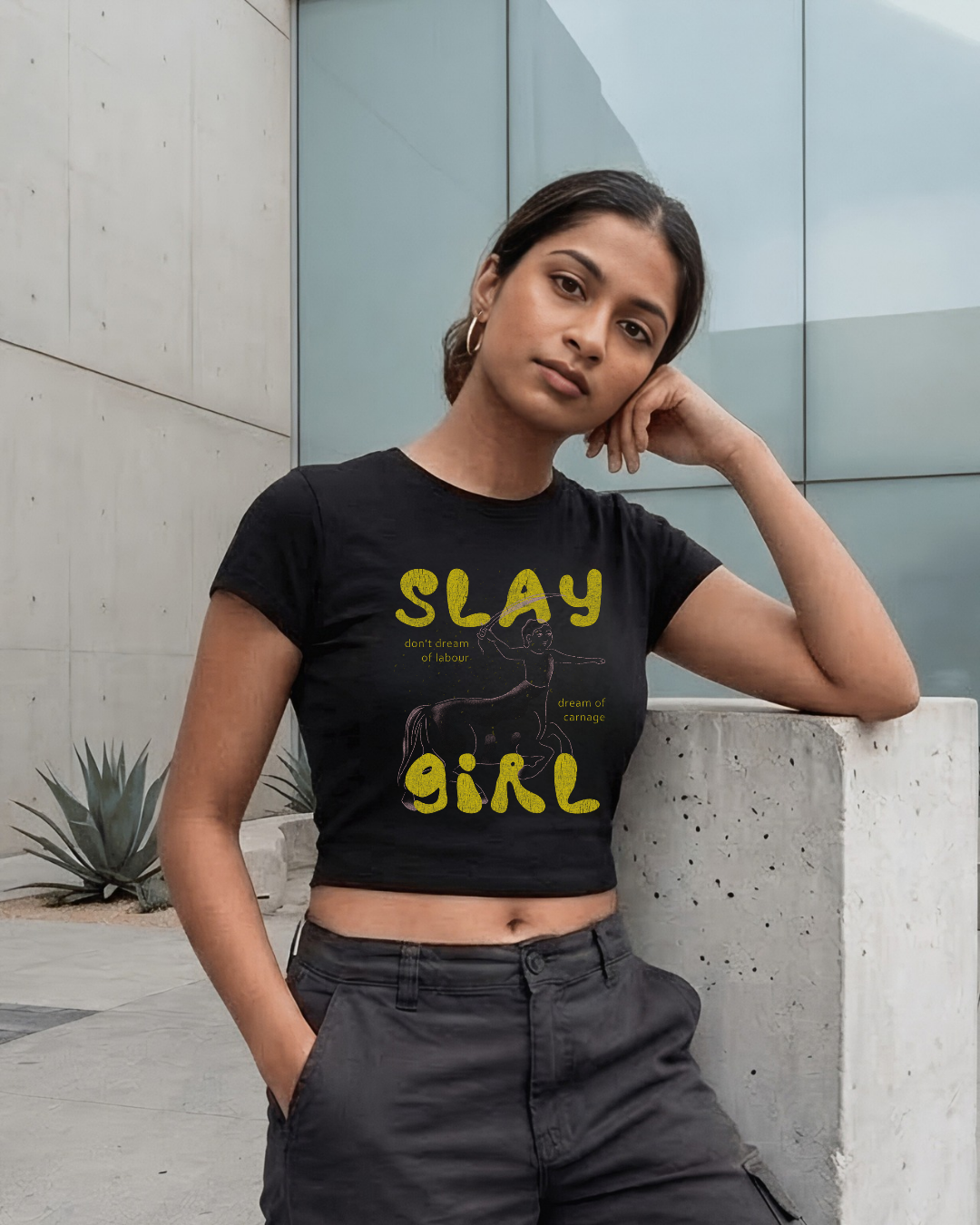 Slay Girl – Aesthetic Graphic Baby Tee 100% cotton 240GSM baby T-shirt Loom of Thirds India's No. 1 Art-led, graphic streetwear brand based in Kolkata by Sidhartha Mohanta & Chirayata Purna Chakrabarty