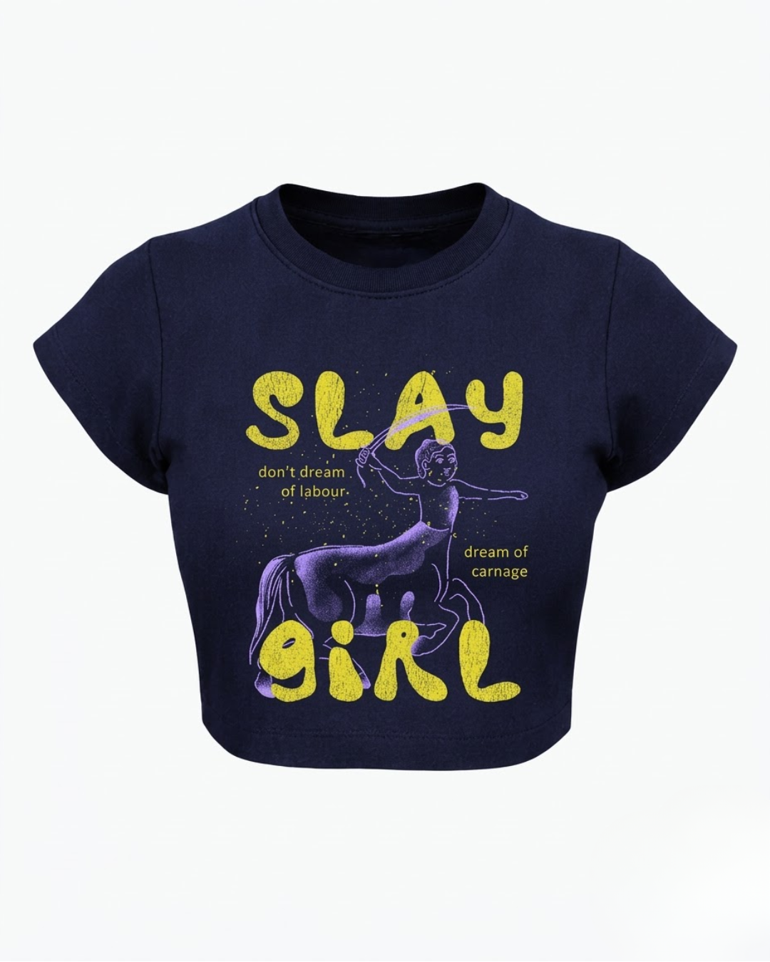 Slay Girl – Aesthetic Graphic Baby Tee Navy Blue 100% cotton 240GSM baby T-shirt Loom of Thirds India's No. 1 Art-led, graphic streetwear brand based in Kolkata by Sidhartha Mohanta & Chirayata Purna Chakrabarty