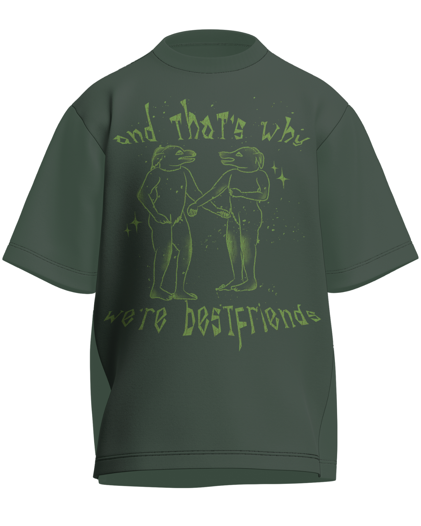 And That’s Why We’re Bestfriends - Oversized Fit Olive Green 100% cotton 240GSM standard oversized T-shirt Loom of Thirds India's No. 1 Art-led streetwear brand based in Kolkata by Sidhartha Mohanta & Chirayata Purna Chakrabarty