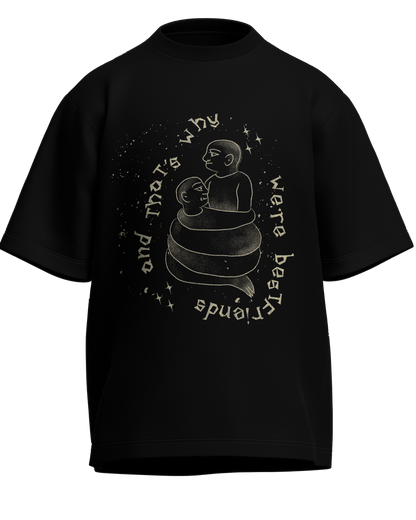 Cause We’re Bestfriends - Oversized Fit Black 100% cotton 240GSM standard oversized T-shirt Loom of Thirds India's No. 1 Art-led streetwear brand based in Kolkata by Sidhartha Mohanta & Chirayata Purna Chakrabarty