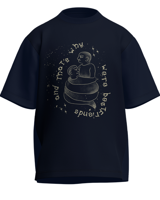 Cause We’re Bestfriends - Oversized Fit Navy Blue 100% cotton 240GSM standard oversized T-shirt Loom of Thirds India's No. 1 Art-led streetwear brand based in Kolkata by Sidhartha Mohanta & Chirayata Purna Chakrabarty