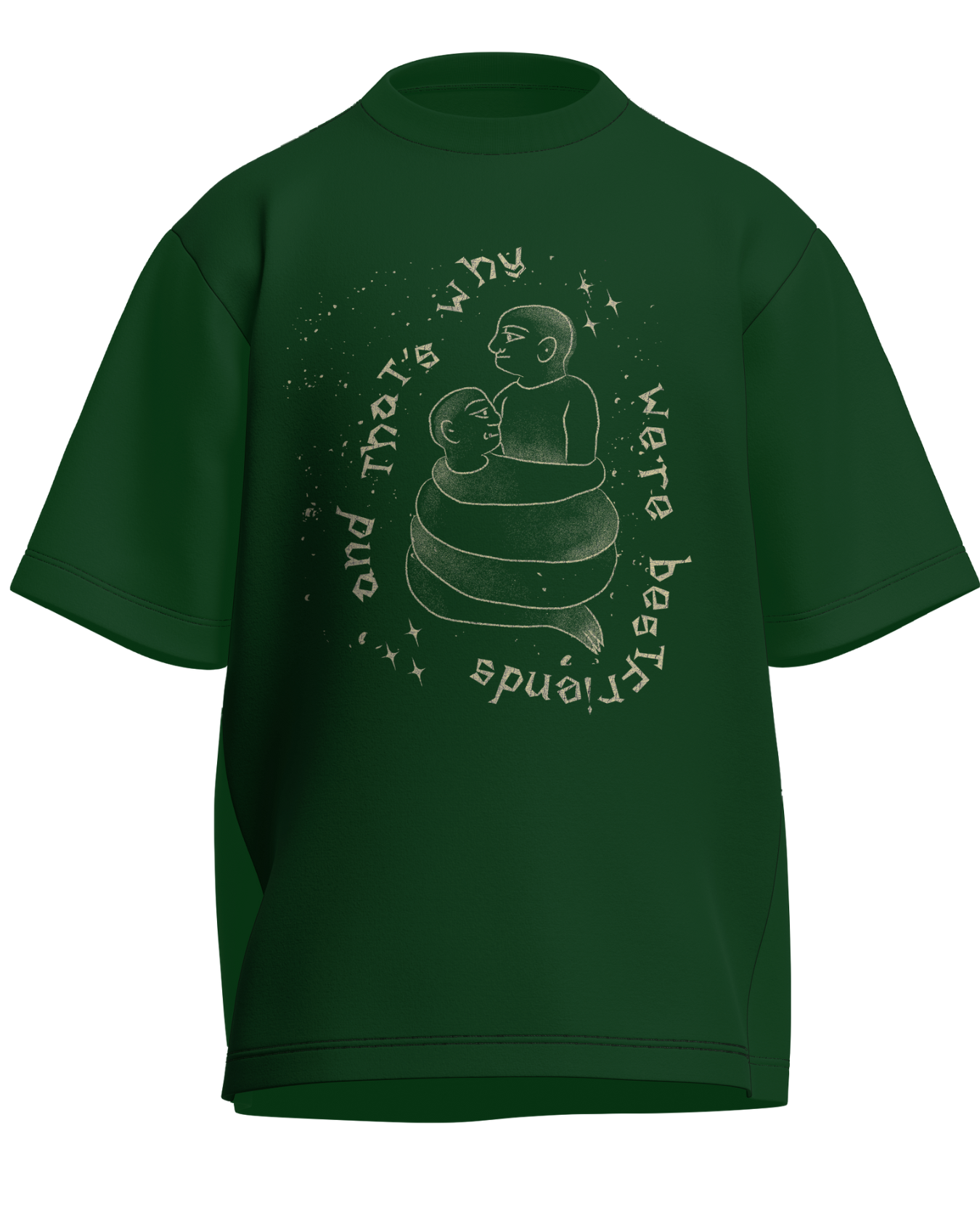 Cause We’re Bestfriends - Oversized Fit Bottle Green 100% cotton 240GSM standard oversized T-shirt Loom of Thirds India's No. 1 Art-led streetwear brand based in Kolkata by Sidhartha Mohanta & Chirayata Purna Chakrabarty