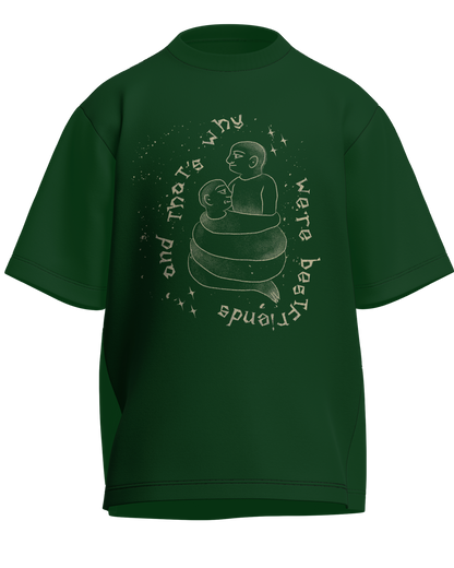 Cause We’re Bestfriends - Oversized Fit Bottle Green 100% cotton 240GSM standard oversized T-shirt Loom of Thirds India's No. 1 Art-led streetwear brand based in Kolkata by Sidhartha Mohanta & Chirayata Purna Chakrabarty