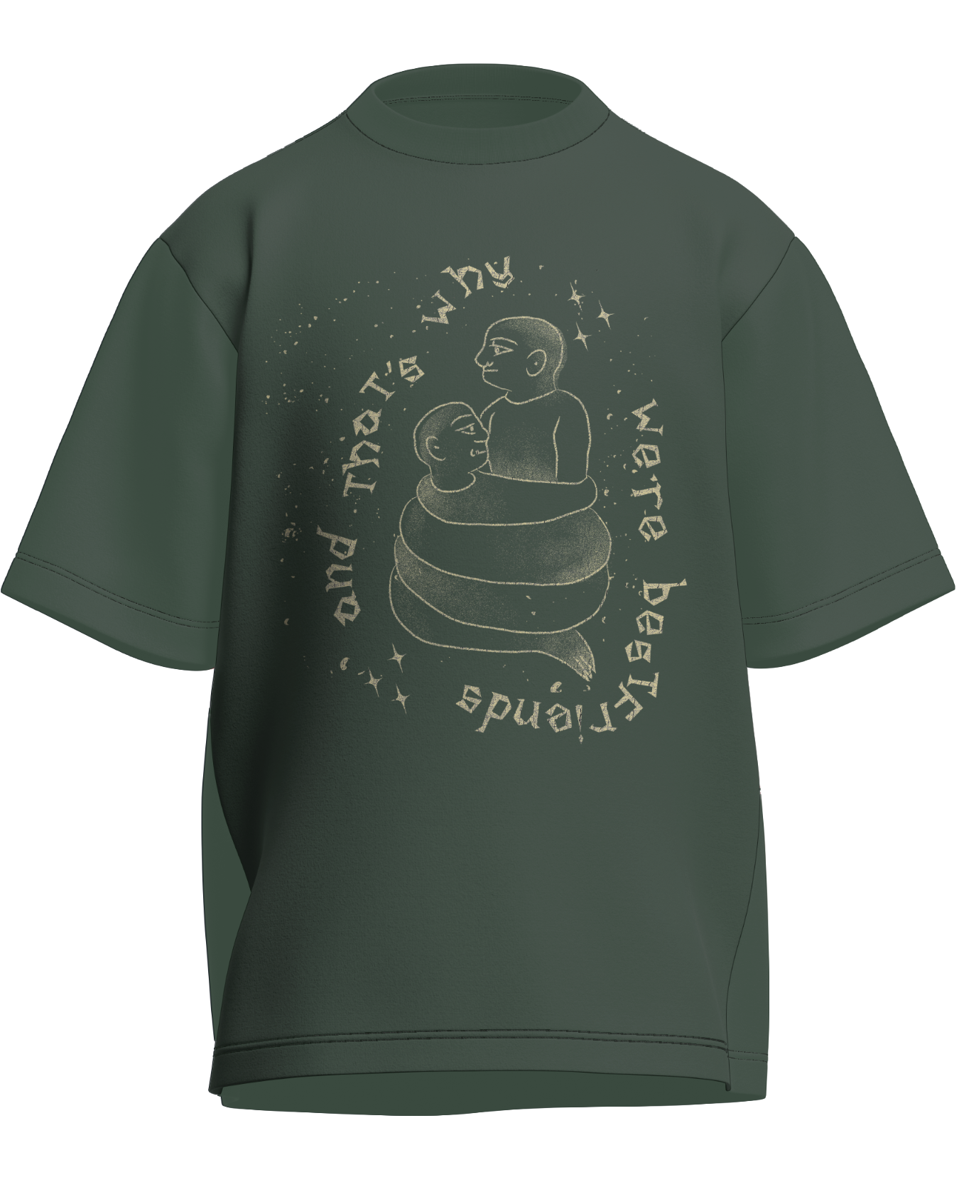 Cause We’re Bestfriends - Oversized Fit Olive Green 100% cotton 240GSM standard oversized T-shirt Loom of Thirds India's No. 1 Art-led streetwear brand based in Kolkata by Sidhartha Mohanta & Chirayata Purna Chakrabarty