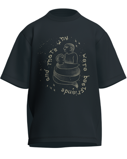 Cause We’re Bestfriends - Oversized Fit Petrol Blue 100% cotton 240GSM standard oversized T-shirt Loom of Thirds India's No. 1 Art-led streetwear brand based in Kolkata by Sidhartha Mohanta & Chirayata Purna Chakrabarty