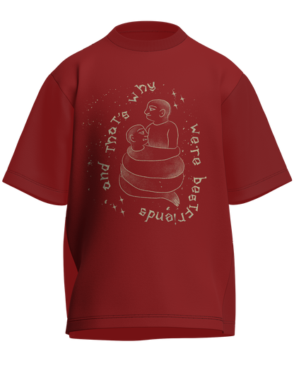 Cause We’re Bestfriends - Oversized Fit Red 100% cotton 240GSM standard oversized T-shirt Loom of Thirds India's No. 1 Art-led streetwear brand based in Kolkata by Sidhartha Mohanta & Chirayata Purna Chakrabarty