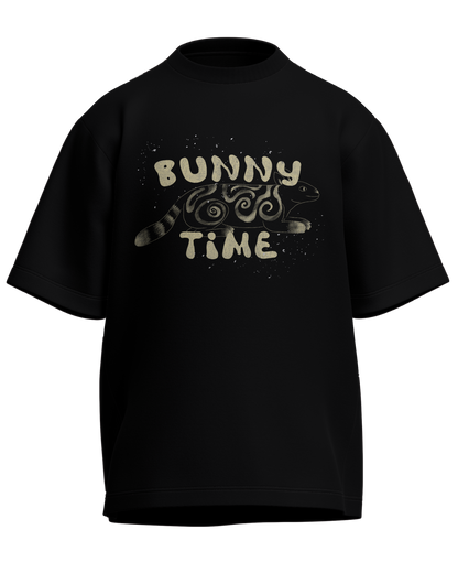 Bunny Time - Oversized Fit Black 100% cotton 240GSM standard oversized T-shirt Loom of Thirds India's No. 1 Art-led streetwear brand based in Kolkata by Sidhartha Mohanta & Chirayata Purna Chakrabarty