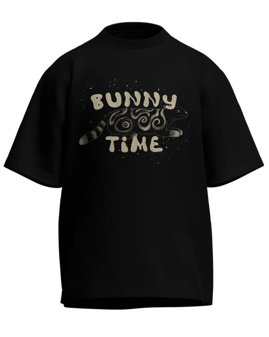 Bunny Time – Oversized Graphic Tee Black 100% cotton 240GSM standard oversized T-shirt Loom of Thirds India's No. 1 Art-led streetwear brand based in Kolkata by Sidhartha Mohanta & Chirayata Purna Chakrabarty