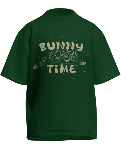 Bunny Time - Oversized Fit Bottle Green 100% cotton 240GSM standard oversized T-shirt Loom of Thirds India's No. 1 Art-led streetwear brand based in Kolkata by Sidhartha Mohanta & Chirayata Purna Chakrabarty