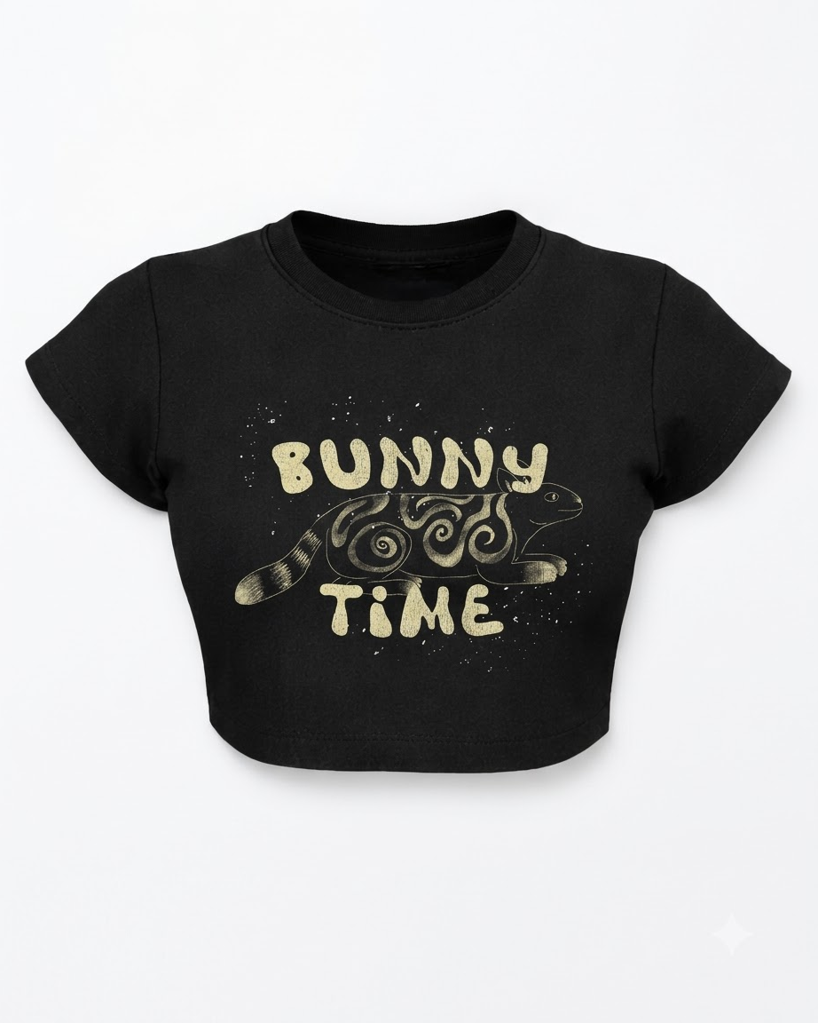Bunny Time – Aesthetic Graphic Baby Tee Black 100% cotton 240GSM baby T-shirt Loom of Thirds India's No. 1 Art-led, graphic streetwear brand based in Kolkata by Sidhartha Mohanta & Chirayata Purna Chakrabarty