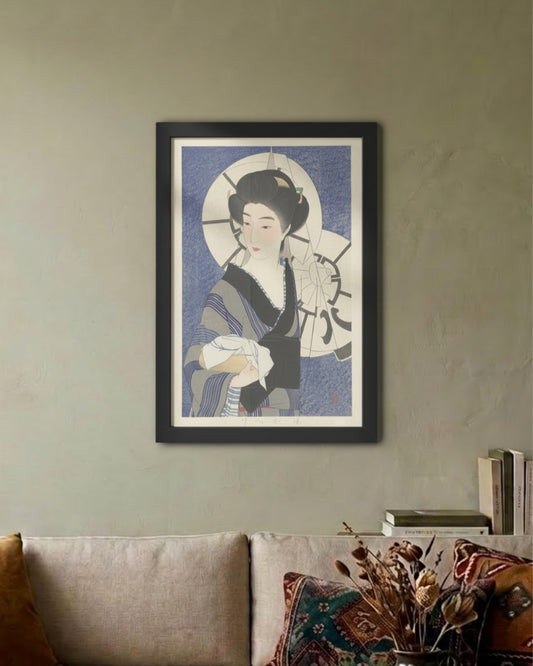 After a Visit to the Bathhouse – Kotondo Torii Framed Poster Black A3 Frame Poster Framed Posters Loom of Thirds India's No. 1 Art-led, graphic streetwear brand based in Kolkata by Sidhartha Mohanta & Chirayata Purna Chakrabarty
