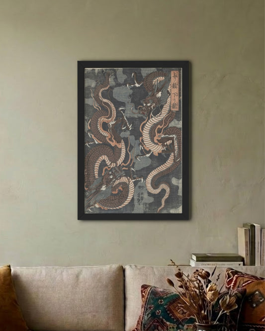Two Dragons – Utagawa Yoshitsuya Framed Poster Black A3 Frame Poster Framed Posters Loom of Thirds India's No. 1 Art-led, graphic streetwear brand based in Kolkata by Sidhartha Mohanta & Chirayata Purna Chakrabarty