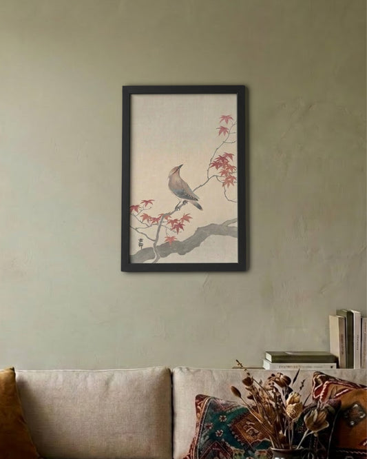 Japanese Waxwing on a Maple Branch – Ohara Koson Framed Poster Black 12x18In Framed Posters Loom of Thirds India's No. 1 Art-led, graphic streetwear brand based in Kolkata by Sidhartha Mohanta & Chirayata Purna Chakrabarty