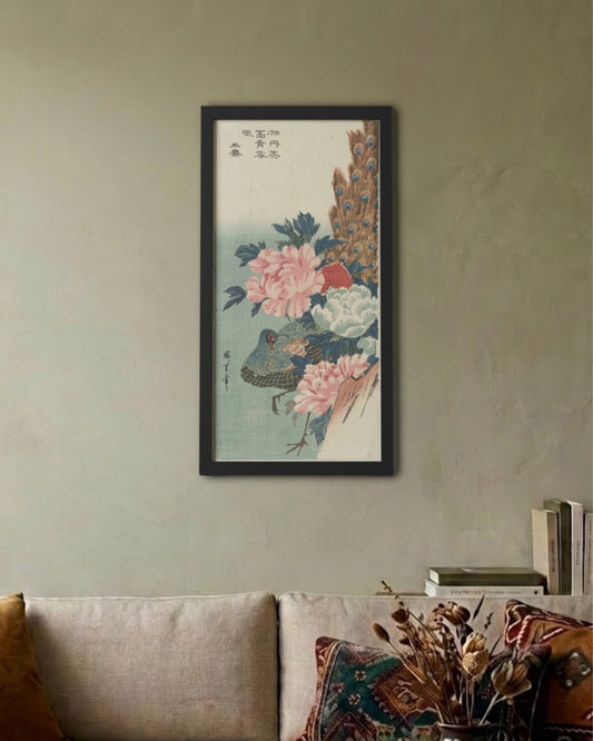 Peacock and Peonies – Hiroshige Framed Poster Black 12x24In Framed Posters Loom of Thirds India's No. 1 Art-led, graphic streetwear brand based in Kolkata by Sidhartha Mohanta & Chirayata Purna Chakrabarty