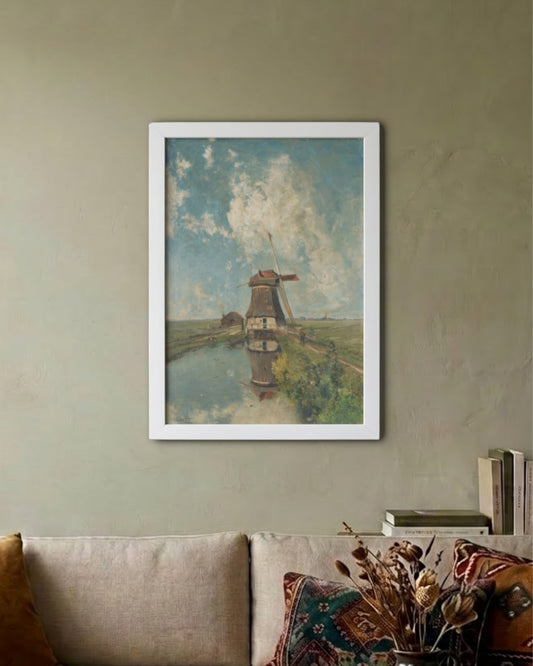 A Windmill on a Polder Waterway – Constant Gabriël Framed Poster White A3 Frame Poster Framed Posters Loom of Thirds India's No. 1 Art-led, graphic streetwear brand based in Kolkata by Sidhartha Mohanta & Chirayata Purna Chakrabarty
