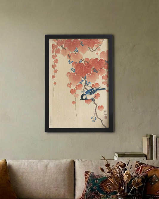 Great Tit on a Paulownia Branch – Ohara Koson Framed Poster Black A3 Frame Poster Framed Posters Loom of Thirds India's No. 1 Art-led, graphic streetwear brand based in Kolkata by Sidhartha Mohanta & Chirayata Purna Chakrabarty