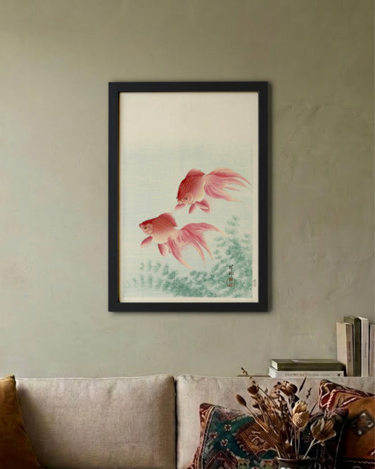Two Veiltail Goldfish – Ohara Koson Framed Poster Black A3 Frame Poster Framed Posters Loom of Thirds India's No. 1 Art-led, graphic streetwear brand based in Kolkata by Sidhartha Mohanta & Chirayata Purna Chakrabarty