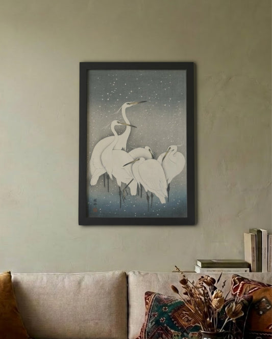 Group of Egrets in Snow – Ohara Koson Framed Poster Black A3 Frame Poster Framed Posters Loom of Thirds India's No. 1 Art-led, graphic streetwear brand based in Kolkata by Sidhartha Mohanta & Chirayata Purna Chakrabarty