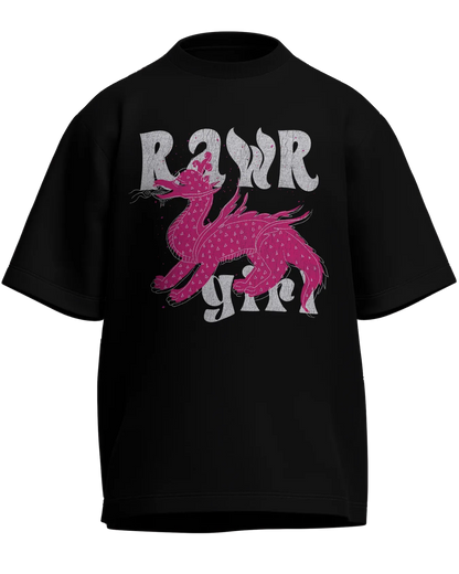 Rawr Girl - Oversized Fit Black 100% cotton 240GSM standard oversized T-shirt Loom of Thirds India's No. 1 Art-led streetwear brand based in Kolkata by Sidhartha Mohanta & Chirayata Purna Chakrabarty