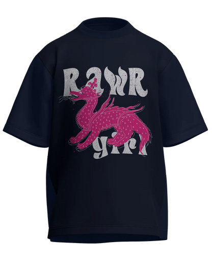Rawr Girl - Oversized Fit Navy Blue 100% cotton 240GSM standard oversized T-shirt Loom of Thirds India's No. 1 Art-led streetwear brand based in Kolkata by Sidhartha Mohanta & Chirayata Purna Chakrabarty