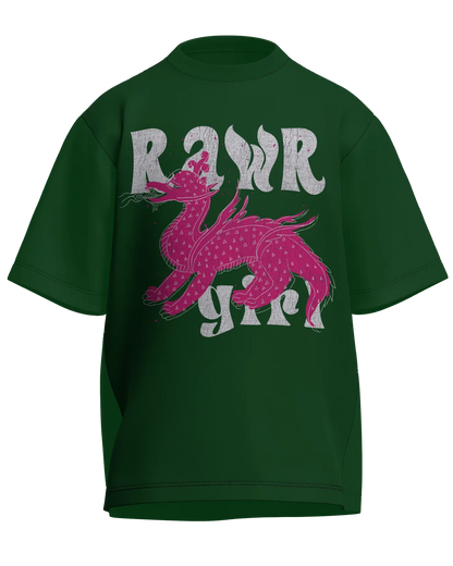 Rawr Girl - Oversized Fit Bottle Green 100% cotton 240GSM standard oversized T-shirt Loom of Thirds India's No. 1 Art-led streetwear brand based in Kolkata by Sidhartha Mohanta & Chirayata Purna Chakrabarty
