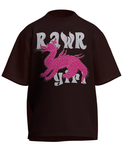 Rawr Girl - Oversized Fit Maroon 100% cotton 240GSM standard oversized T-shirt Loom of Thirds India's No. 1 Art-led streetwear brand based in Kolkata by Sidhartha Mohanta & Chirayata Purna Chakrabarty