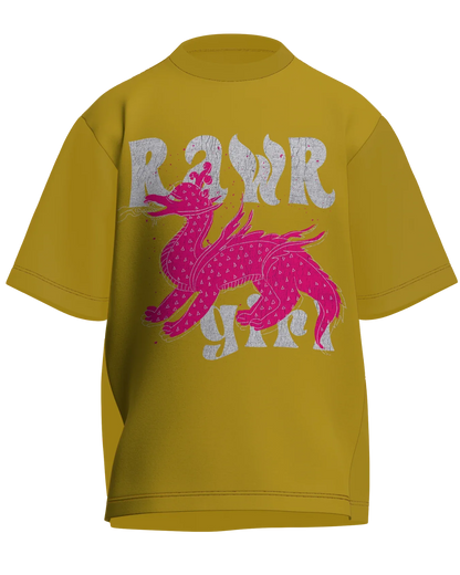 Rawr Girl - Oversized Fit Mustard Yellow 100% cotton 240GSM standard oversized T-shirt Loom of Thirds India's No. 1 Art-led streetwear brand based in Kolkata by Sidhartha Mohanta & Chirayata Purna Chakrabarty