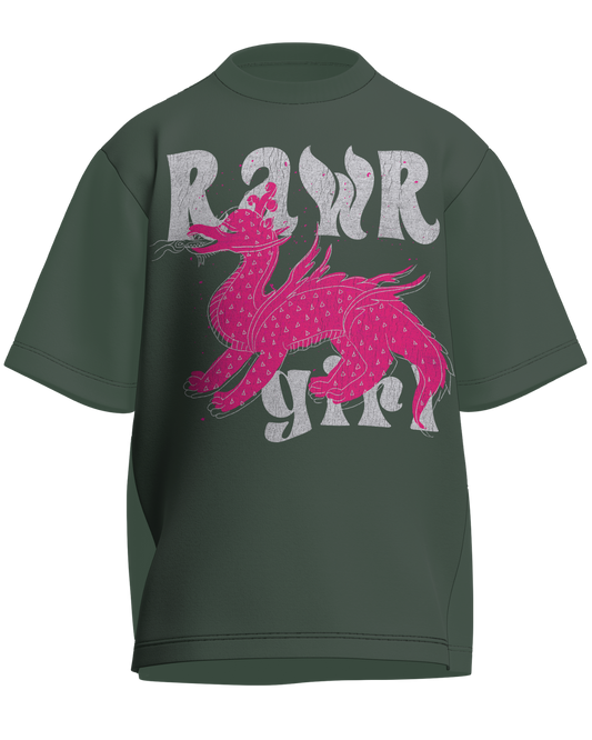 Rawr Girl - Oversized Fit Olive Green 100% cotton 240GSM standard oversized T-shirt Loom of Thirds India's No. 1 Art-led streetwear brand based in Kolkata by Sidhartha Mohanta & Chirayata Purna Chakrabarty