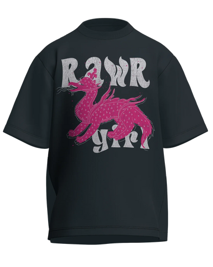 Rawr Girl - Oversized Fit Petrol Blue 100% cotton 240GSM standard oversized T-shirt Loom of Thirds India's No. 1 Art-led streetwear brand based in Kolkata by Sidhartha Mohanta & Chirayata Purna Chakrabarty