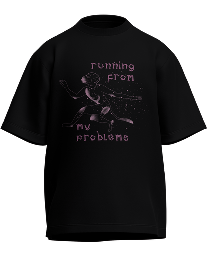 Running From My Problems - Oversized Fit Black 100% cotton 240GSM standard oversized T-shirt Loom of Thirds India's No. 1 Art-led streetwear brand based in Kolkata by Sidhartha Mohanta & Chirayata Purna Chakrabarty