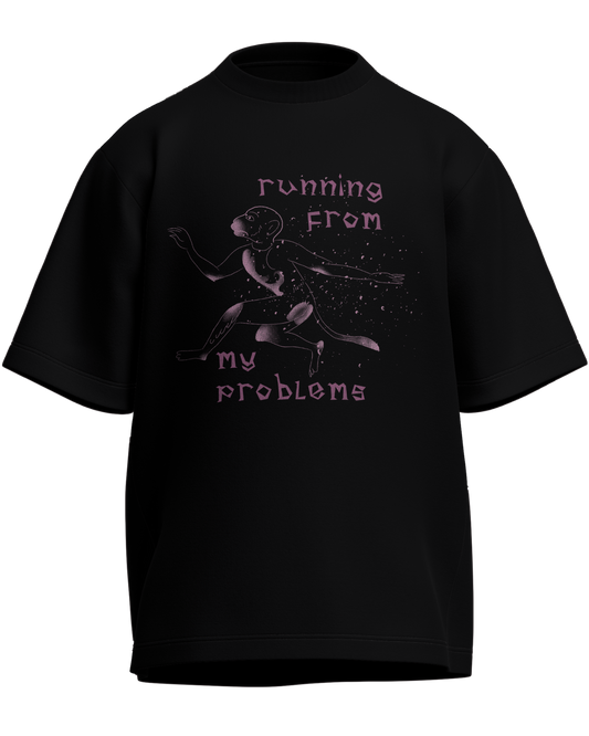 Running From My Problems - Oversized Fit Black 100% cotton 240GSM standard oversized T-shirt Loom of Thirds India's No. 1 Art-led streetwear brand based in Kolkata by Sidhartha Mohanta & Chirayata Purna Chakrabarty