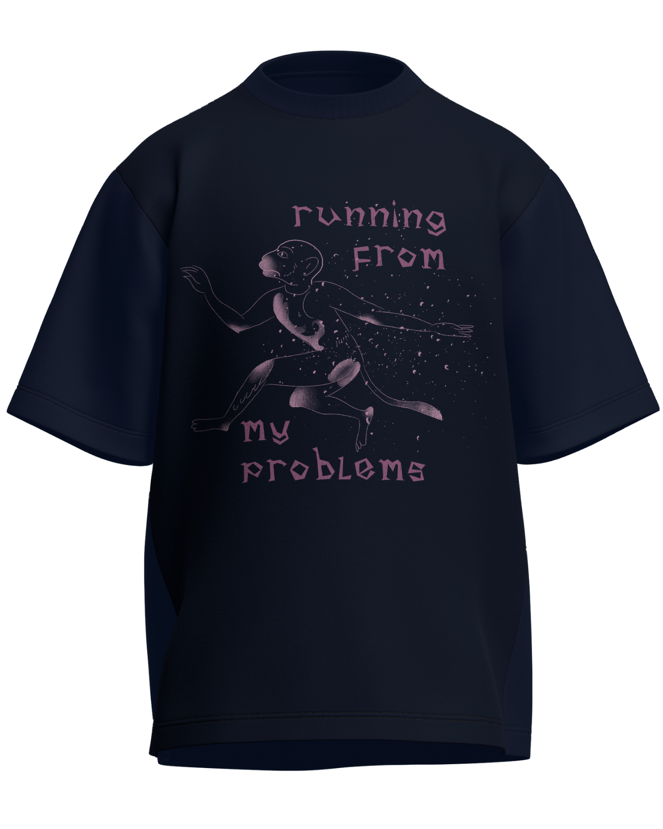 Running From My Problems - Oversized Fit Navy Blue 100% cotton 240GSM standard oversized T-shirt Loom of Thirds India's No. 1 Art-led streetwear brand based in Kolkata by Sidhartha Mohanta & Chirayata Purna Chakrabarty
