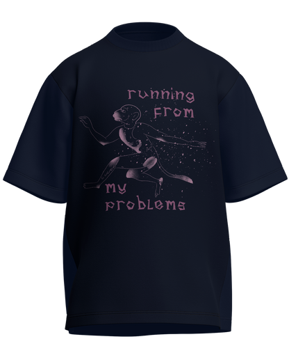 Running From My Problems - Oversized Fit Navy Blue 100% cotton 240GSM standard oversized T-shirt Loom of Thirds India's No. 1 Art-led streetwear brand based in Kolkata by Sidhartha Mohanta & Chirayata Purna Chakrabarty