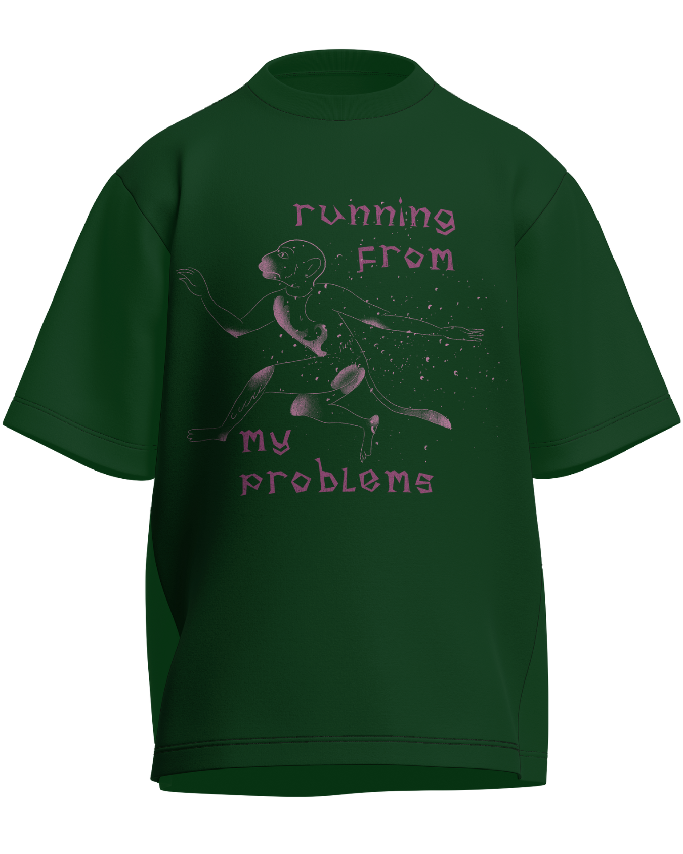 Running From My Problems - Oversized Fit Bottle Green 100% cotton 240GSM standard oversized T-shirt Loom of Thirds India's No. 1 Art-led streetwear brand based in Kolkata by Sidhartha Mohanta & Chirayata Purna Chakrabarty
