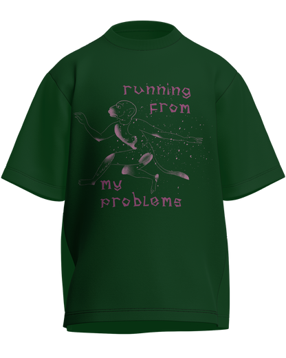 Running From My Problems - Oversized Fit Bottle Green 100% cotton 240GSM standard oversized T-shirt Loom of Thirds India's No. 1 Art-led streetwear brand based in Kolkata by Sidhartha Mohanta & Chirayata Purna Chakrabarty