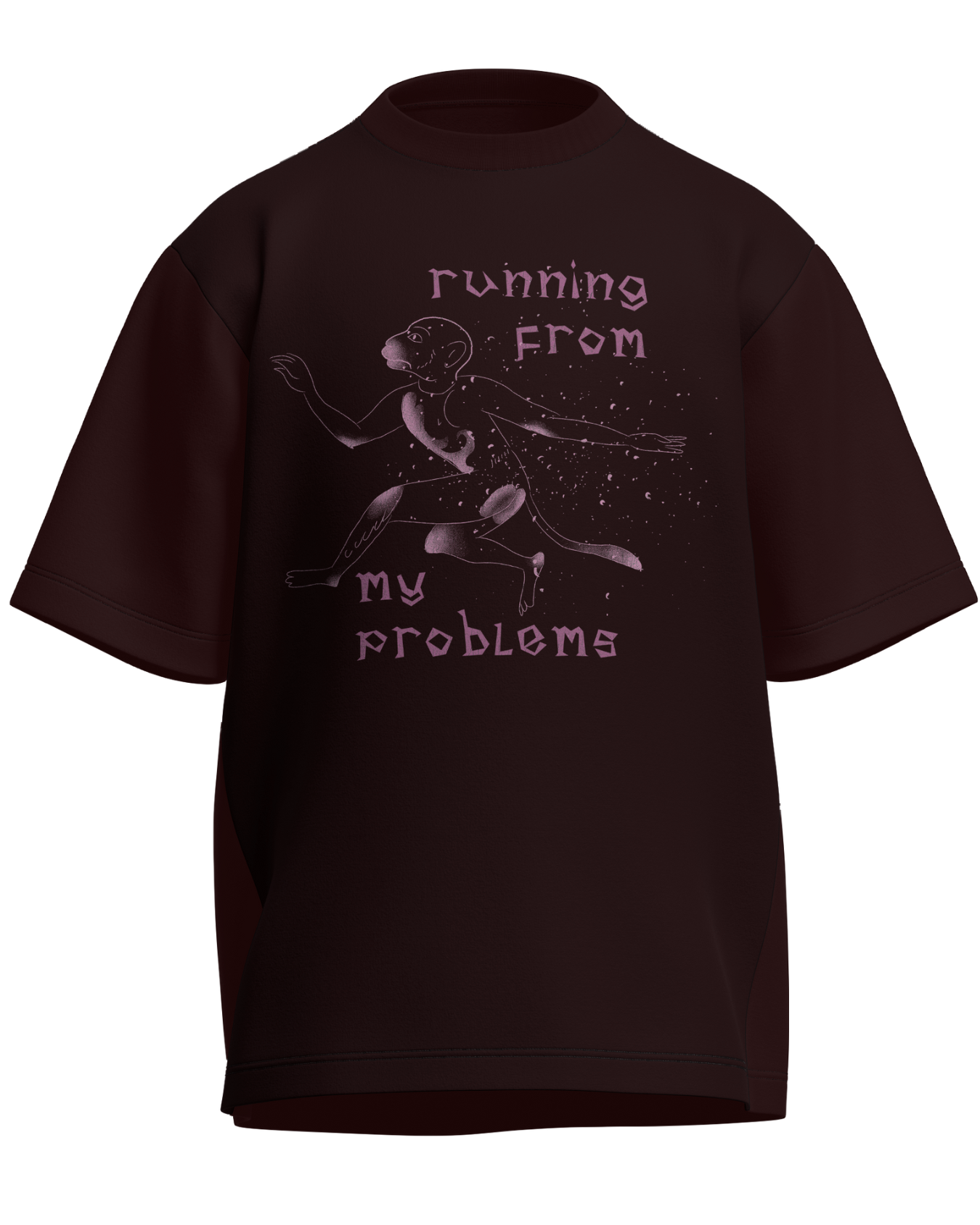 Running From My Problems - Oversized Fit Maroon 100% cotton 240GSM standard oversized T-shirt Loom of Thirds India's No. 1 Art-led streetwear brand based in Kolkata by Sidhartha Mohanta & Chirayata Purna Chakrabarty