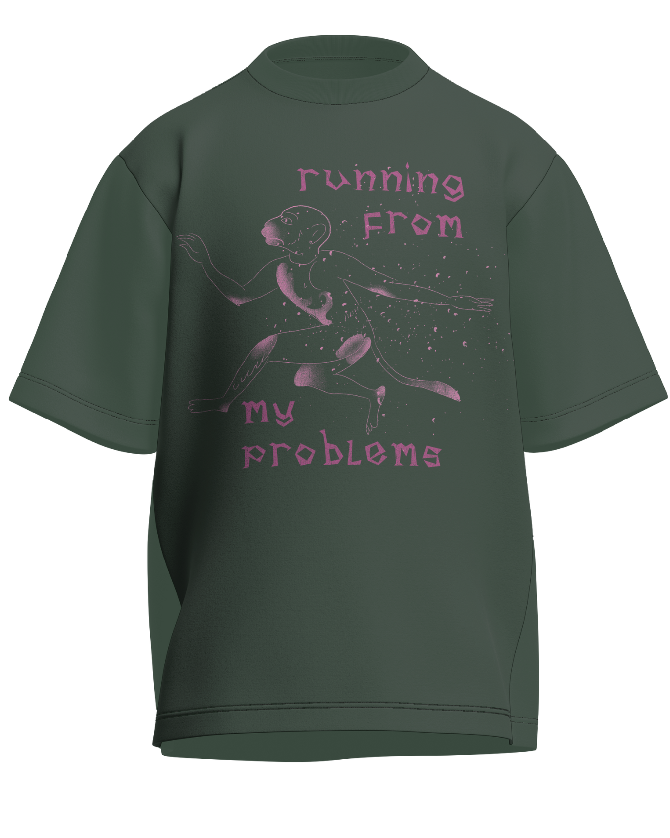 Running From My Problems - Oversized Fit Olive Green 100% cotton 240GSM standard oversized T-shirt Loom of Thirds India's No. 1 Art-led streetwear brand based in Kolkata by Sidhartha Mohanta & Chirayata Purna Chakrabarty