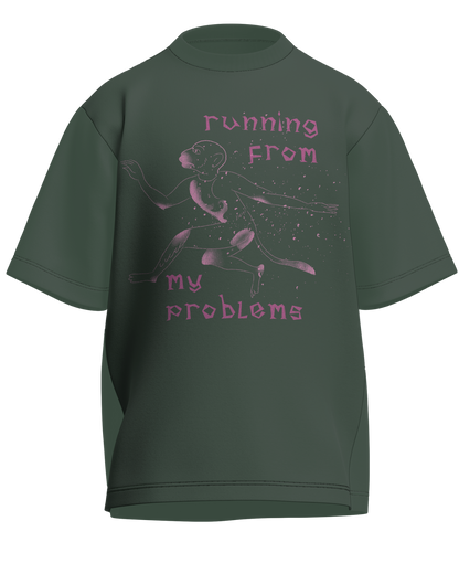 Running From My Problems - Oversized Fit Olive Green 100% cotton 240GSM standard oversized T-shirt Loom of Thirds India's No. 1 Art-led streetwear brand based in Kolkata by Sidhartha Mohanta & Chirayata Purna Chakrabarty