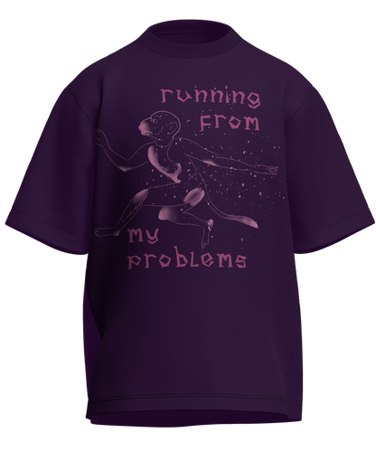 Running From My Problems - Oversized Fit Purple 100% cotton 240GSM standard oversized T-shirt Loom of Thirds India's No. 1 Art-led streetwear brand based in Kolkata by Sidhartha Mohanta & Chirayata Purna Chakrabarty