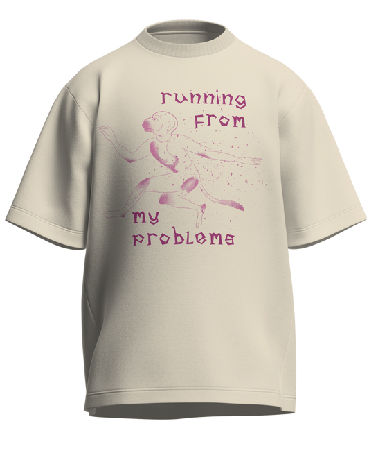 Running From My Problems - Oversized Fit Off White 100% cotton 240GSM standard oversized T-shirt Loom of Thirds India's No. 1 Art-led streetwear brand based in Kolkata by Sidhartha Mohanta & Chirayata Purna Chakrabarty