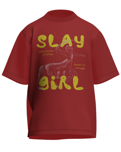 Slay Girl - Oversized Fit Coral 100% cotton 240GSM standard oversized T-shirt Loom of Thirds India's No. 1 Art-led streetwear brand based in Kolkata by Sidhartha Mohanta & Chirayata Purna Chakrabarty