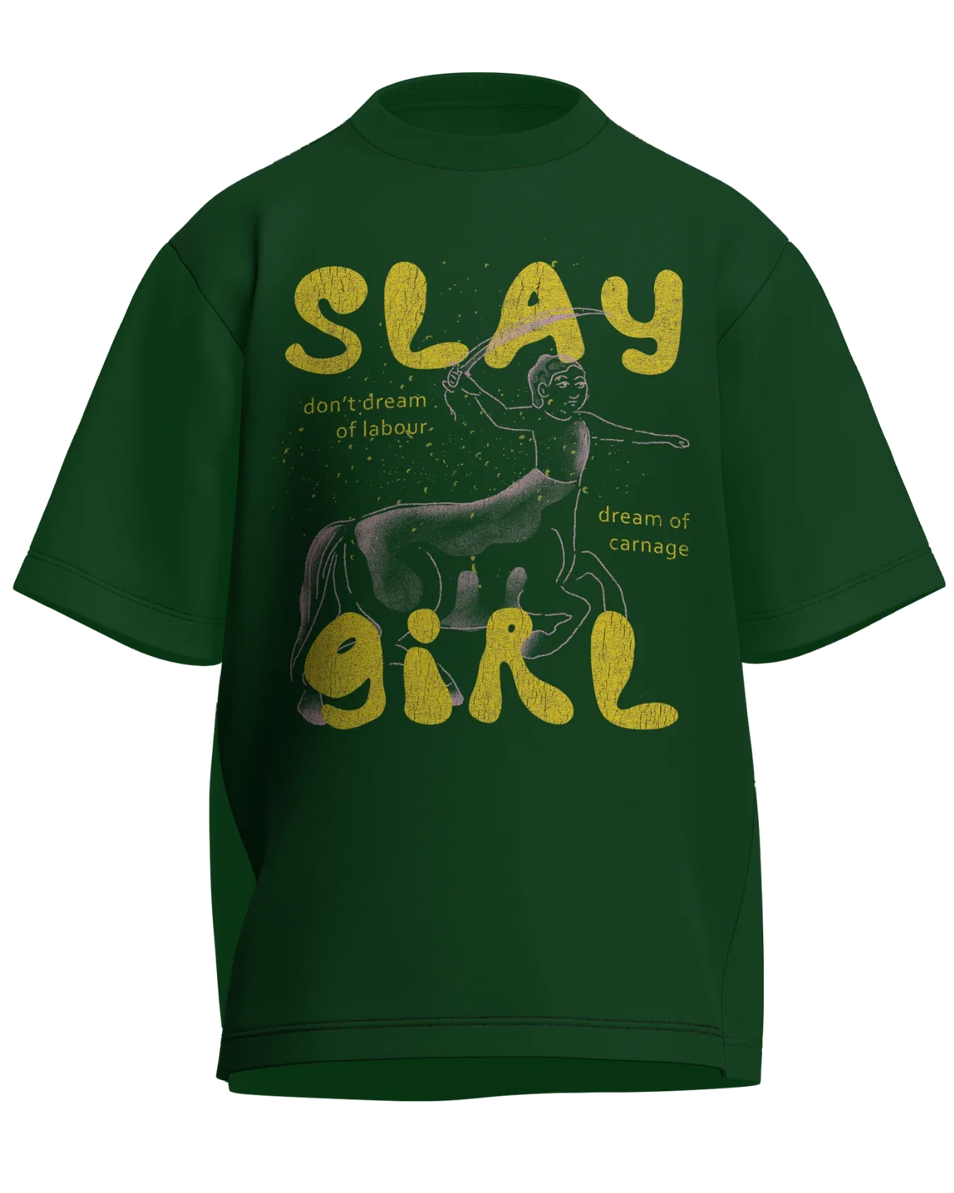 Slay Girl - Oversized Fit Bottle Green 100% cotton 240GSM standard oversized T-shirt Loom of Thirds India's No. 1 Art-led streetwear brand based in Kolkata by Sidhartha Mohanta & Chirayata Purna Chakrabarty