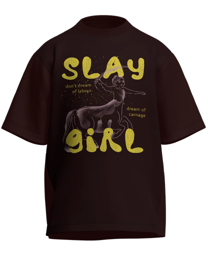 Slay Girl - Oversized Fit Maroon 100% cotton 240GSM standard oversized T-shirt Loom of Thirds India's No. 1 Art-led streetwear brand based in Kolkata by Sidhartha Mohanta & Chirayata Purna Chakrabarty